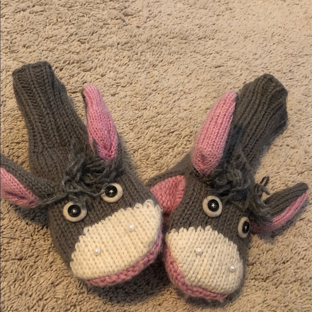 Gray and Pink Donkey Knit Mittens